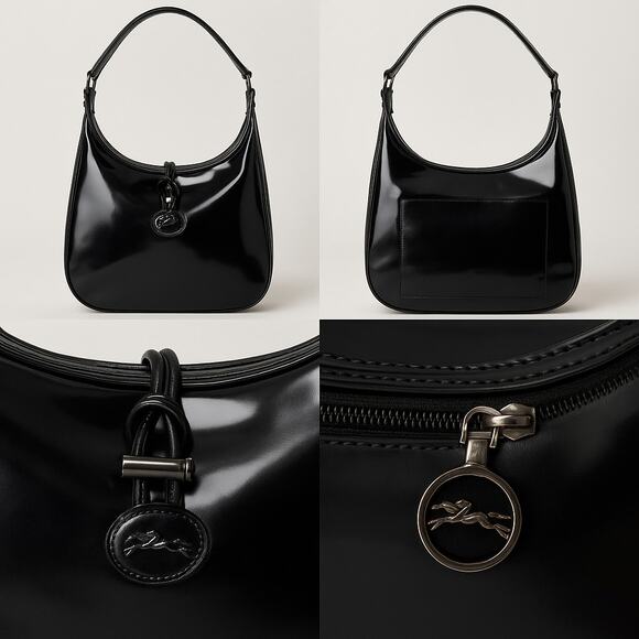 LONGCHAMP Black Patent Leather Le Roseau Hobo Vintage Y2K Logo Charm - Picture 1 of 6